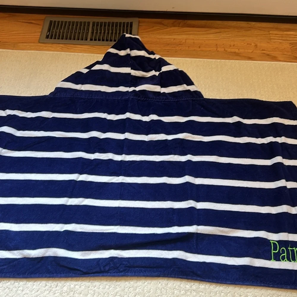 Viv and Lou baby navy white striped hooded towel “Patrick” toddler embroidered